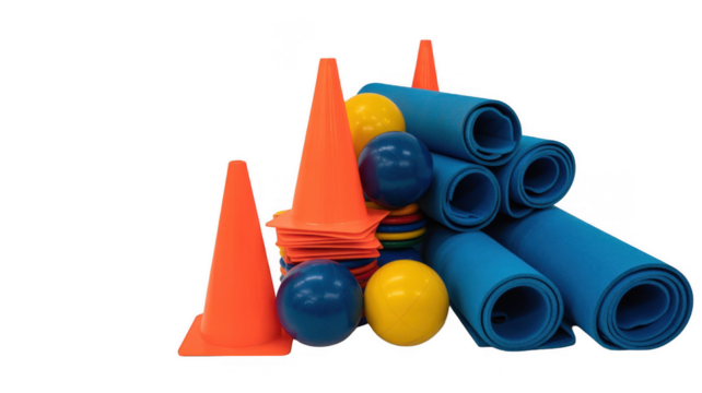 Training equipment featuring rolled up blue exercise mats, colorful balls, orange cones, and markers is set for a dynamic workout session promoting agility and fitness