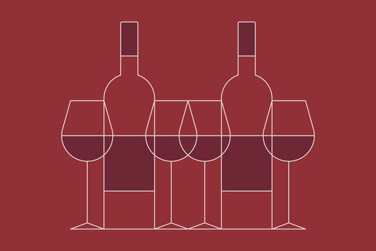 Linear wine bottles and glasses