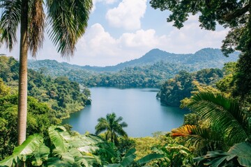 Lush rainforest landscape with serene lake and distant mountains under clear skies