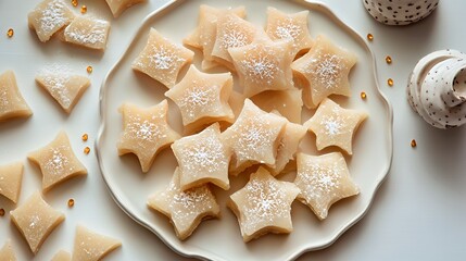 Delicious vanilla star-shaped confections with powdered sugar topping on a white plate.