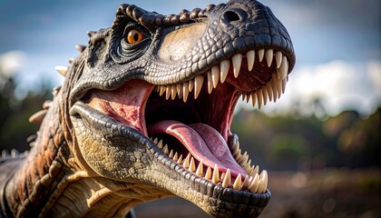 Obraz premium Detailed Close-up of Realistic Dinosaur Mouth with Tongue, realistic dinosaur roar, science illustration, prehistoric wildlife, realistic dinosaur roaring with sharp teeth in prehistoric jungle 