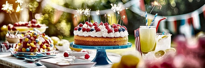 Festive fourth of july backyard party scene: delicious raspberry cake with sparkler, refreshing lemonade, and colorful treats
