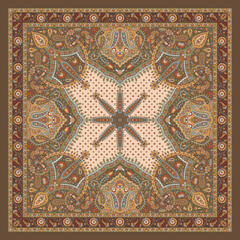 Heritage Beige Ornamental Bandana – Luxurious Indo-Mughal Square Scarf Design for Premium Dupattas, Hijabs, and Textiles