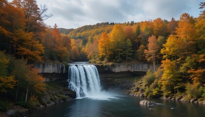 Amazing in nature, beautiful waterfall at colorful autumn forest in fall season
