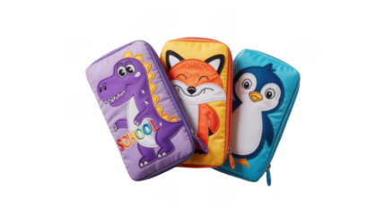 Featuring three vibrant pencil cases with playful dinosaur, fox, and penguin designs against a transparent background, adding whimsy and practicality for school supplies