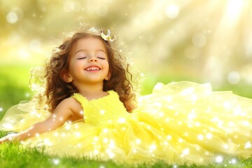 Smiling child in a yellow dress enjoying a sunny day outdoors with sparkling lights around her