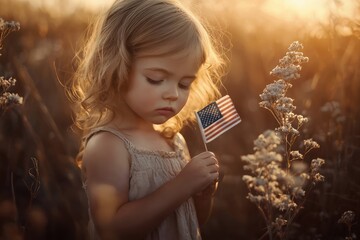 Little girl with american flag at golden hour in field of flowers - patriotic childhood innocence