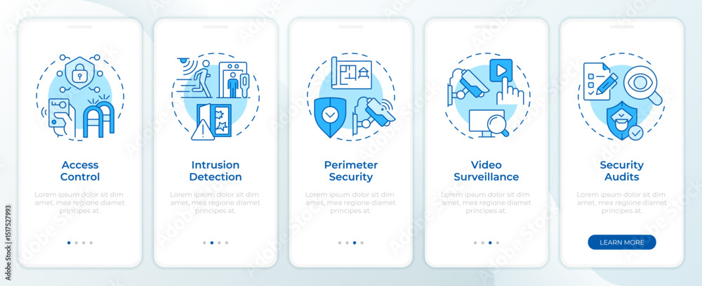 Wall mural components of physical security systems blue onboarding mobile app screen. walkthrough 5 steps edita