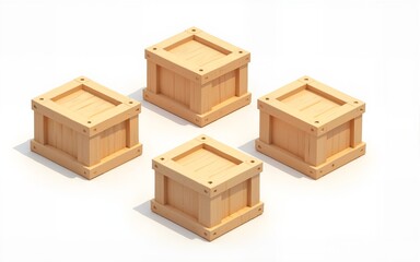 Isometric 3D illustration of multiple wood shipping crates, arranged randomly, on a clean white background, with detailed texture and shading. High quality