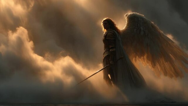 Epic Fantasy Angel Warrior with Sword in Ethereal Golden Light Amongst Clouds