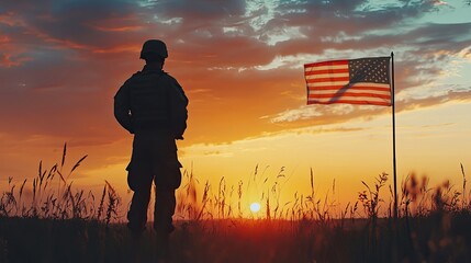Silhouetted soldier at sunset with american flag - a patriotism artwork