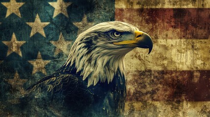 Majestic bald eagle against grunge american flag - patriotism, freedom, and national pride