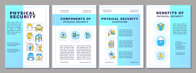 Physical security blue brochure layout. Safeguarding people, property and data tools. Leaflet advertising design with color line icons. Editable 4 pages. Arial, Myriad Pro-Regular fonts used