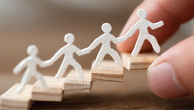 Hand guiding paper people up wooden steps