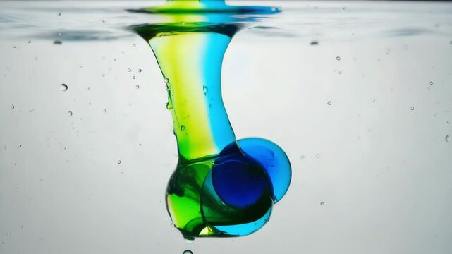 A laundry pod drops into clear water, melting into colorful swirls of blue and green that spread beautifully &mdash; clean household loop in 4K.