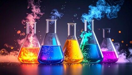 Colorful chemical flasks with bubbling liquids and smoke, vibrant science experiment concept in laboratory setting