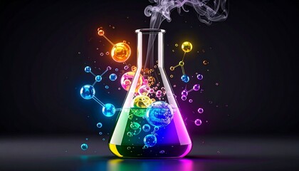 Colorful scientific experiment with glowing molecules and rainbow liquid in glass flask, fantasy chemistry concept on dark background