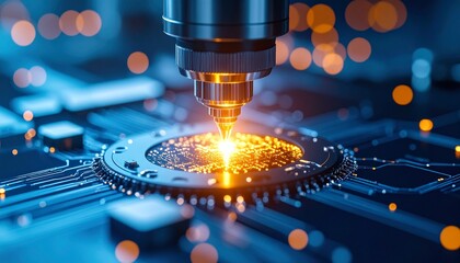 High-tech laser etching microchip on circuit board, futuristic semiconductor manufacturing process with glowing particles