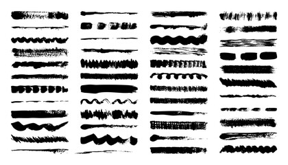 Obraz premium Grunge brush strokes, lines, ink smudges, hand-drawn scribble shapes. Handmade sketchy marks, acrylic stains, charcoal streaks. Paint textures, dry brush effect. Marker underline. Vector illustration