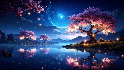 Fantasy landscape with glowing cherry blossom trees by moonlit lake under starry sky and large blue moon, magical night scene