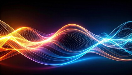 Colorful abstract light waves flowing on dark background, vibrant glowing energy lines in orange and blue