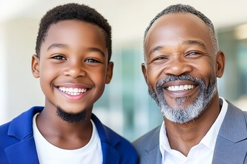 Smiling grandfather and grandson share a joyful moment outdoors in a bright environment together