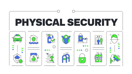 Physical security word concept isolated on white. Technology of protection. Safeguarding methods. Creative illustration banner surrounded by editable line colorful icons. Hubot Sans font used