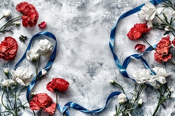 Floral art: red poppies & white flowers with blue ribbon on grey background – stunning ai image