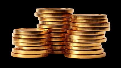 Gold coins stacked in three piles against a black background