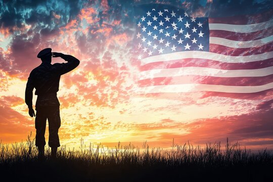 Silhouette of saluting soldier at sunset with american flag - patriotic artwork