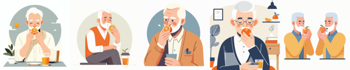 vector of a grandfather eating an orange