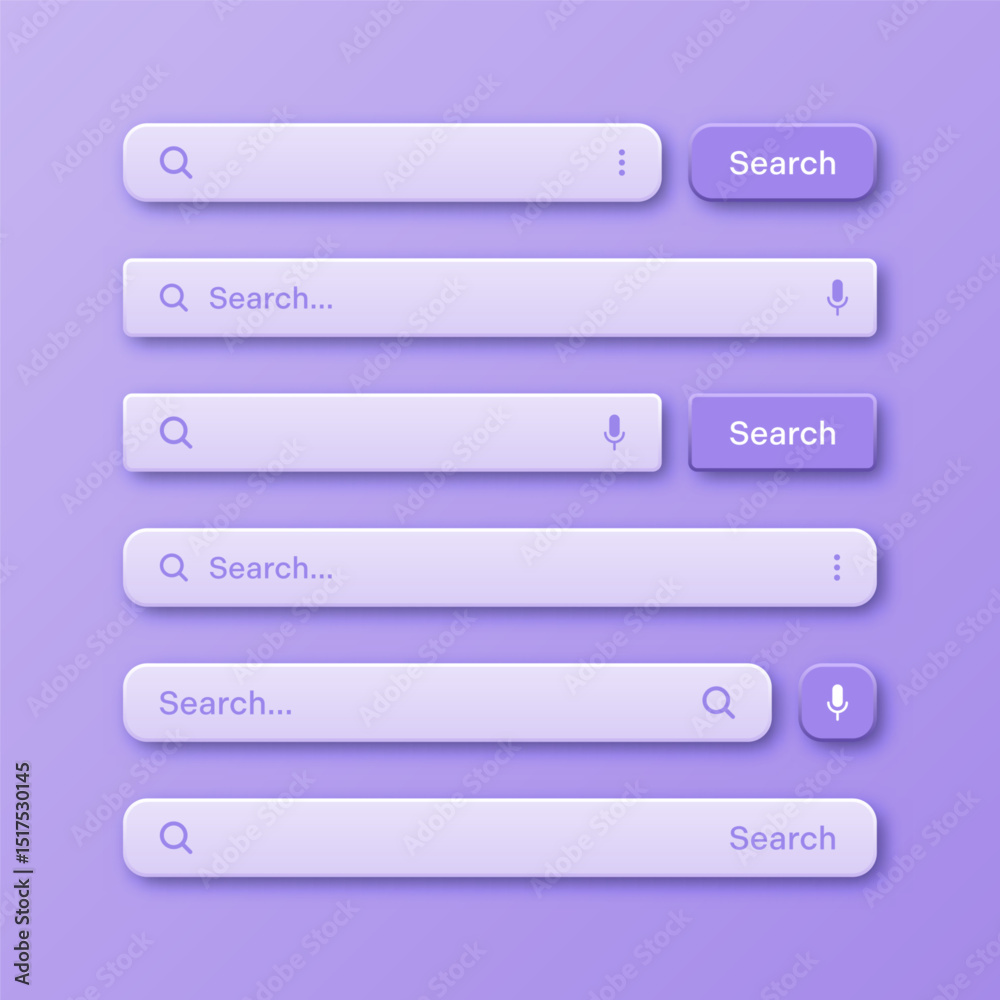 Fototapete Colorful 3d search bar templates. Internet browser engine with search box, address bar and text field. UI design, website interface element with web icons and push button. Vector illustration