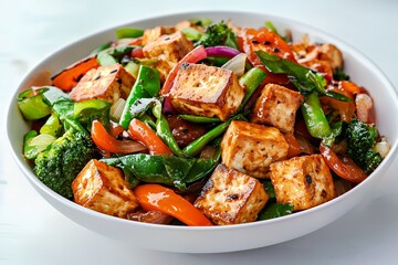 Delicious stir-fried tofu and vegetables in a vibrant bowl.