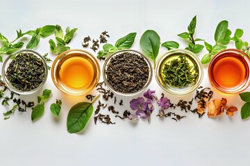 Colorful selection of herbal teas and fresh herbs arranged aesthetically.