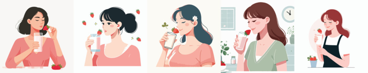 vector of a woman drinking strawberry milk