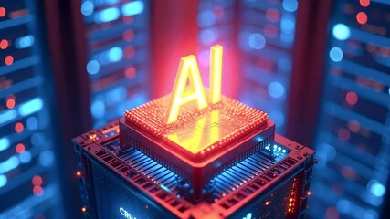 Futuristic AI chip glowing in a server room, showcasing advanced technology and data processing - Powered by Adobe