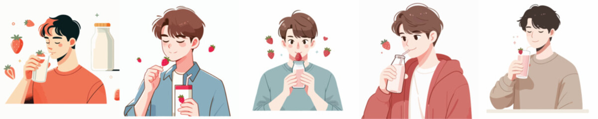 vector of a young man drinking strawberry milk