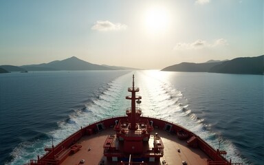 View from deck of a merchant tanker ship to the shore. Cargo maritime vessel near the African coast. Mount Cameroon is on the horizon. concept of cargo transportation of oil and fuel around the world.