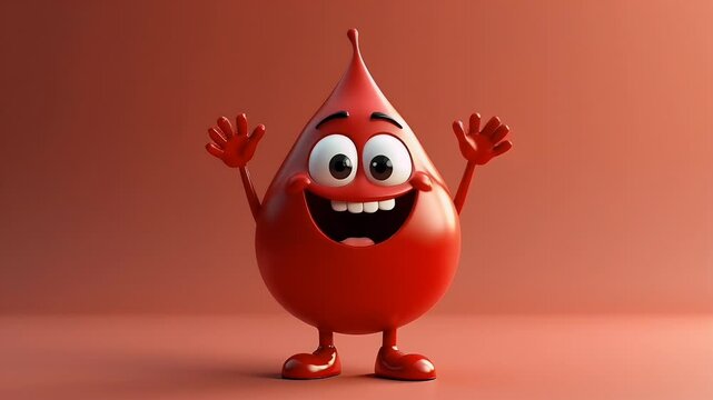 Red blood drop cartoon character stands, smiling against a muted, warm background