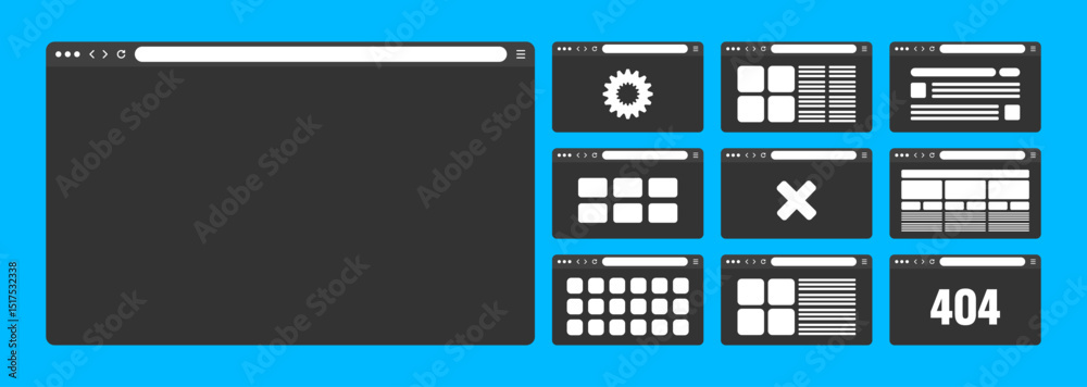 Fototapete Web browser window, pages layout with toolbar and search field. Modern website, internet page in flat style. Browser mockup for computer, tablet and smartphone. Adaptive UI. Vector illustration