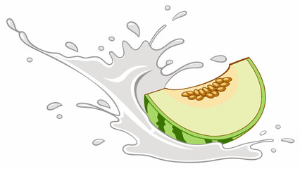 Fototapeta premium Vector Fresh melon slice splashing in milk, creating vibrant and playful scene