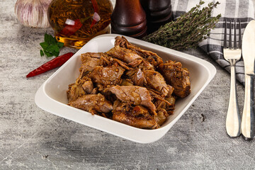 Shredded slow cooked pork meat