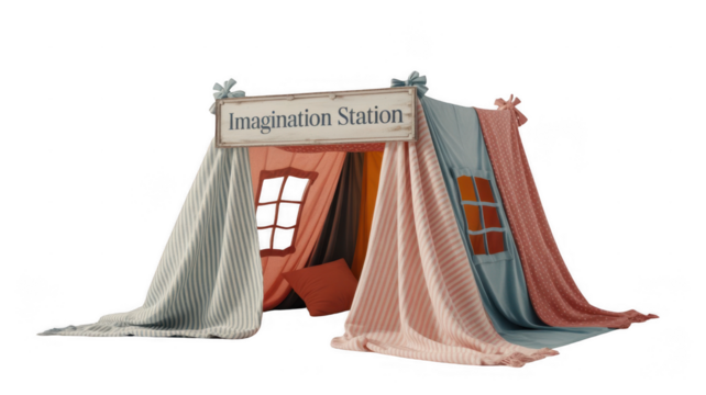 Colorful blankets draped over furniture create a cozy playhouse tent, inviting children to explore their creativity and enjoy imaginative play against a transparent background