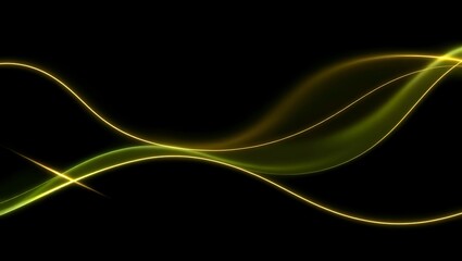 Luminous golden curves and green gradients on a black background create a flowing abstract design
