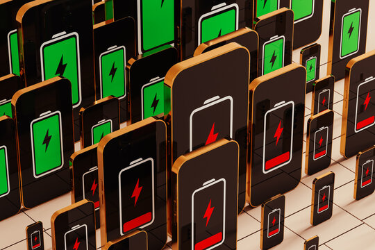 Battery levels displayed on multiple mobile phone screens in a row