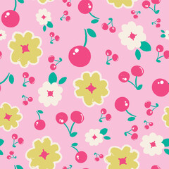 Cherry fruit and flowers abstract seamless pattern on pink background