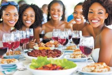 Friends enjoying a festive meal with drinks and laughter at a sunny outdoor gathering