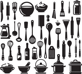 Kitchen tools line art silhouette vector image.