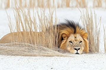 Majestic lion resting among tall grasses in a snowy landscape at dawn