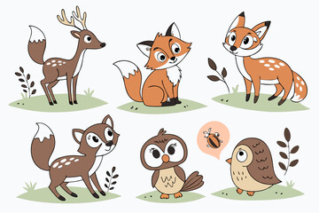 Adorable cartoon forest animals set illustration